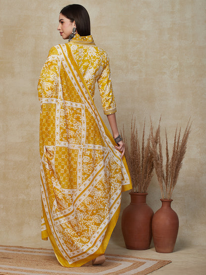 Ethnic Floral Printed & Embroidered Straight Kurta with Pant & Dupatta - Yellow