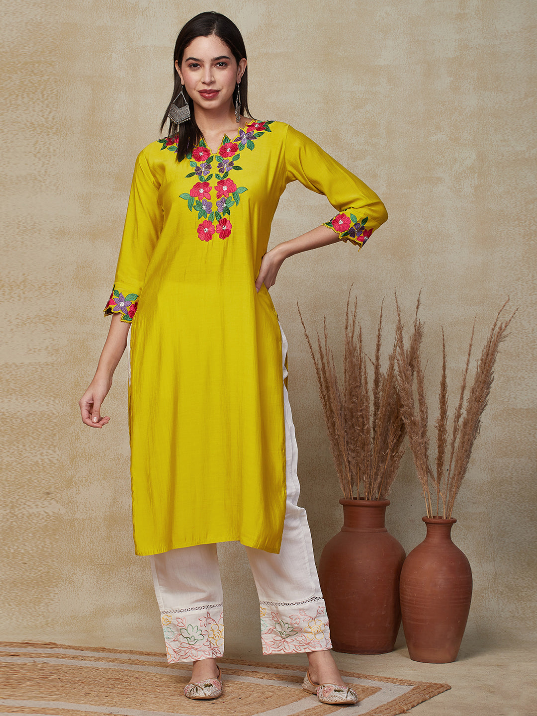 Solid Resham & Zari Cutwork Embroidered Kurta - Yellow