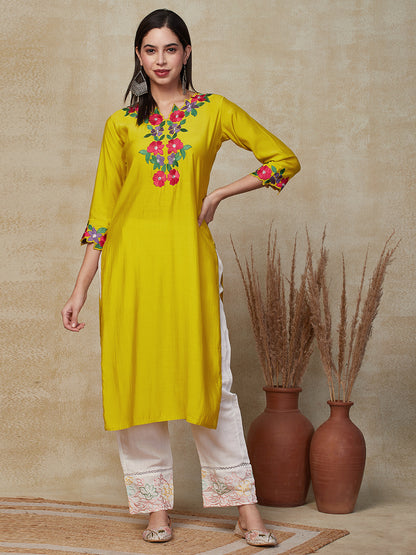 Solid Resham & Zari Cutwork Embroidered Kurta - Yellow