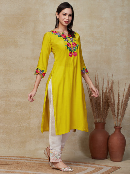 Solid Resham & Zari Cutwork Embroidered Kurta - Yellow