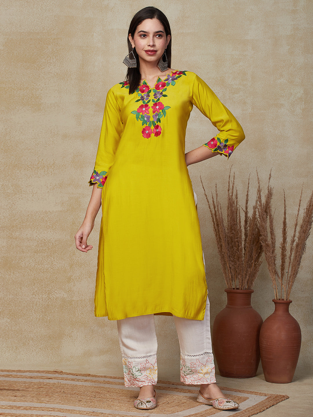 Solid Resham & Zari Cutwork Embroidered Kurta - Yellow