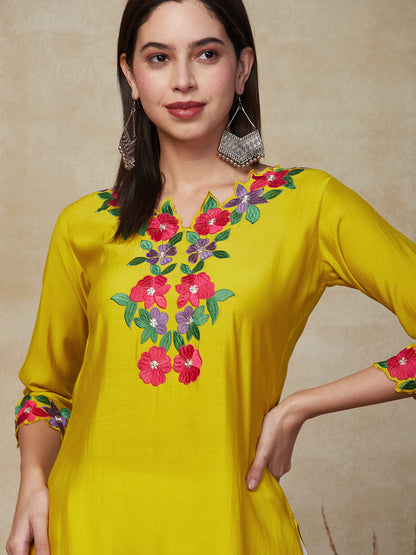 Solid Resham & Zari Cutwork Embroidered Kurta - Yellow