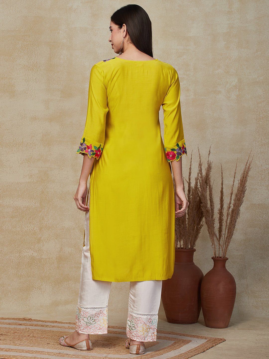 Solid Resham & Zari Cutwork Embroidered Kurta - Yellow