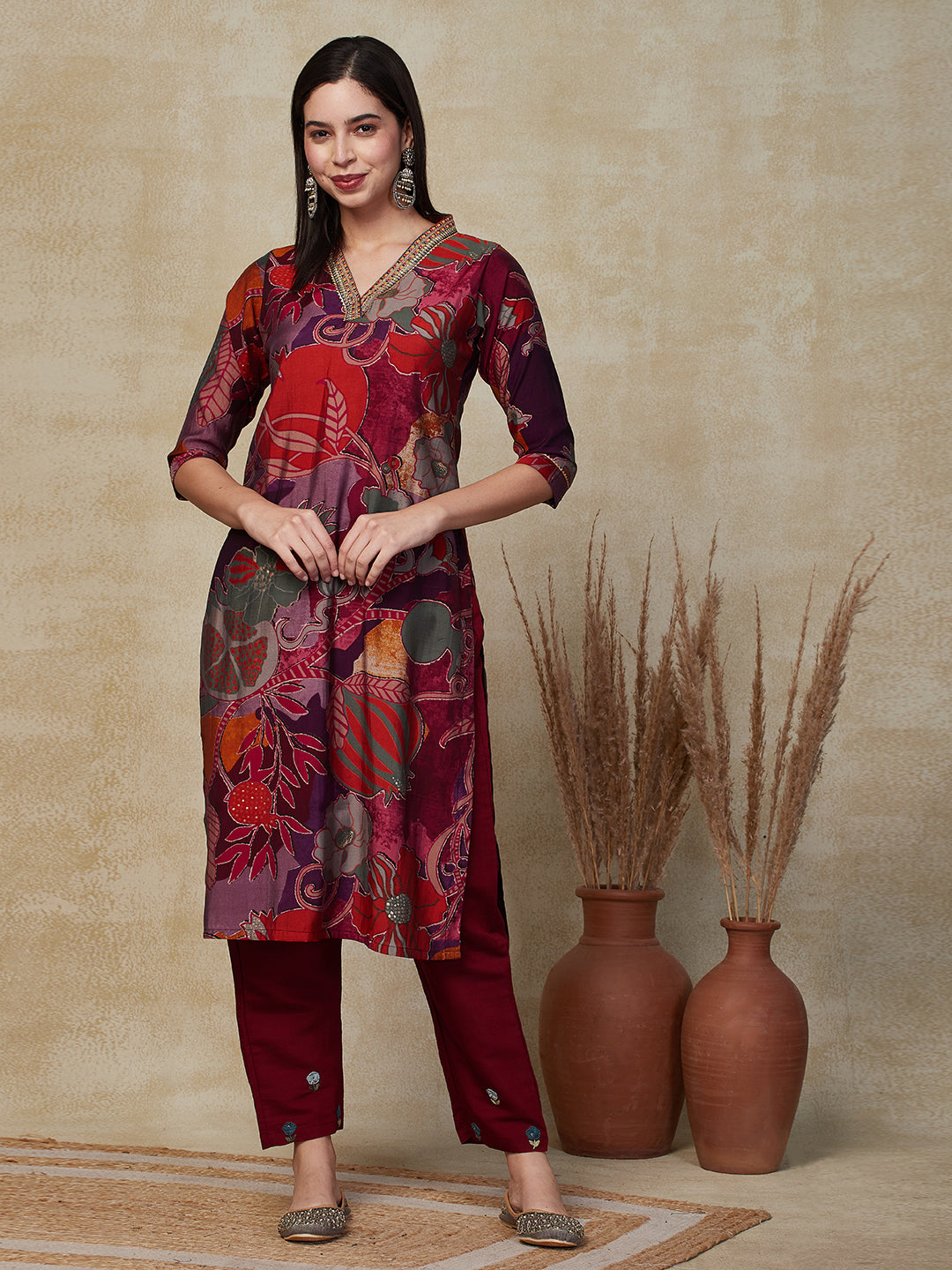 Floral Printed Zari & Resham Embroidered Kurta - Multi