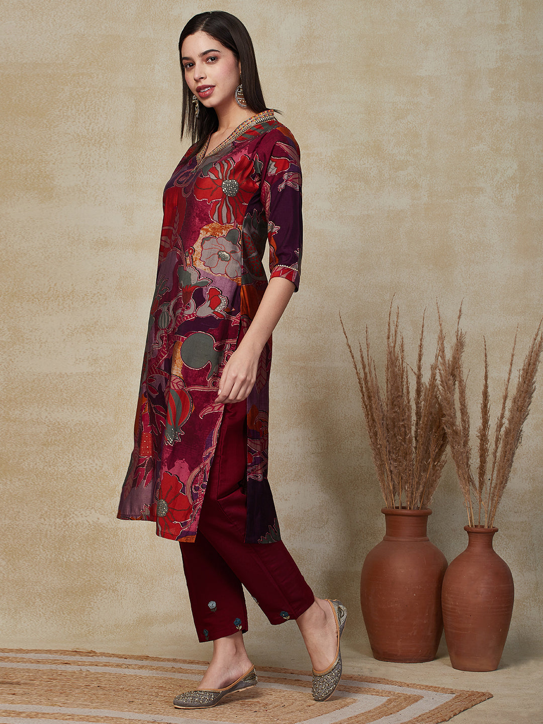 Floral Printed Zari & Resham Embroidered Kurta - Multi