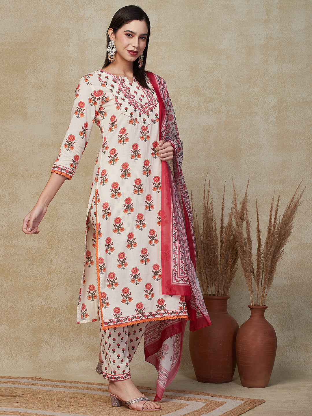 Floral Printed Resham & Sequins Embroidered Kurta with Pants & Dupatta - Off White