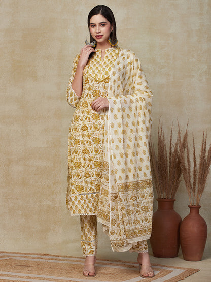 Floral Printed Mirror & Tikki Embroidered Kurta with pants & Dupatta - Mustard