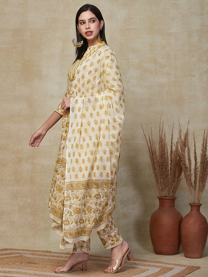 Floral Printed Mirror & Tikki Embroidered Kurta with pants & Dupatta - Mustard