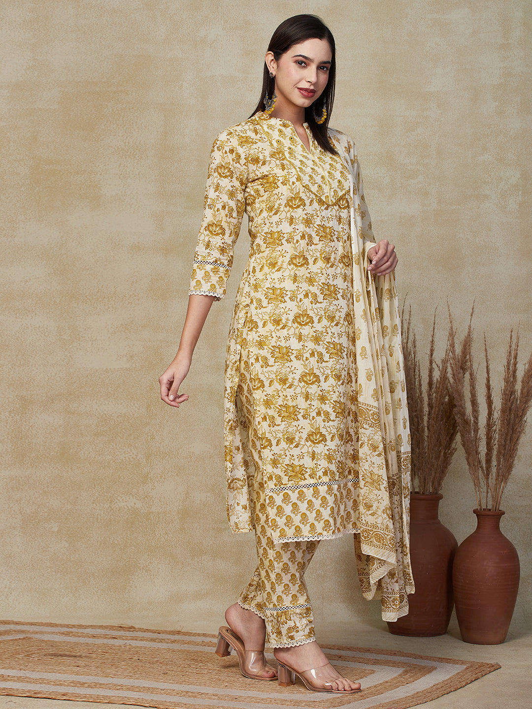 Floral Printed Mirror & Tikki Embroidered Kurta with pants & Dupatta - Mustard