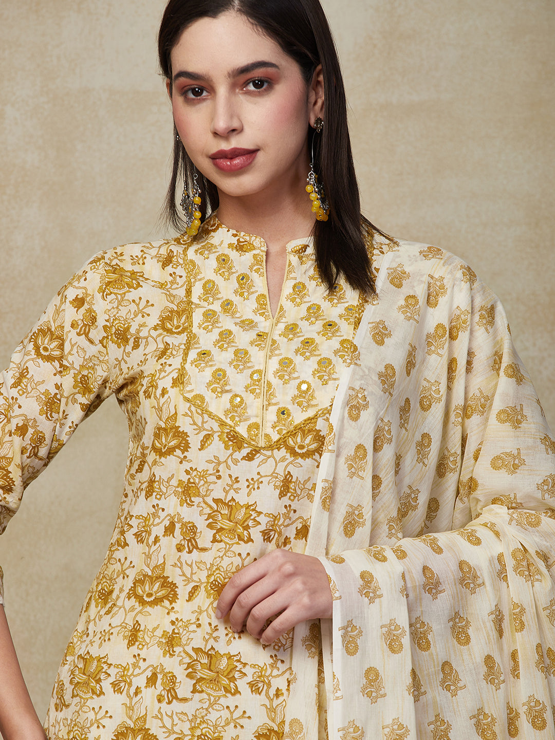 Floral Printed Mirror & Tikki Embroidered Kurta with pants & Dupatta - Mustard