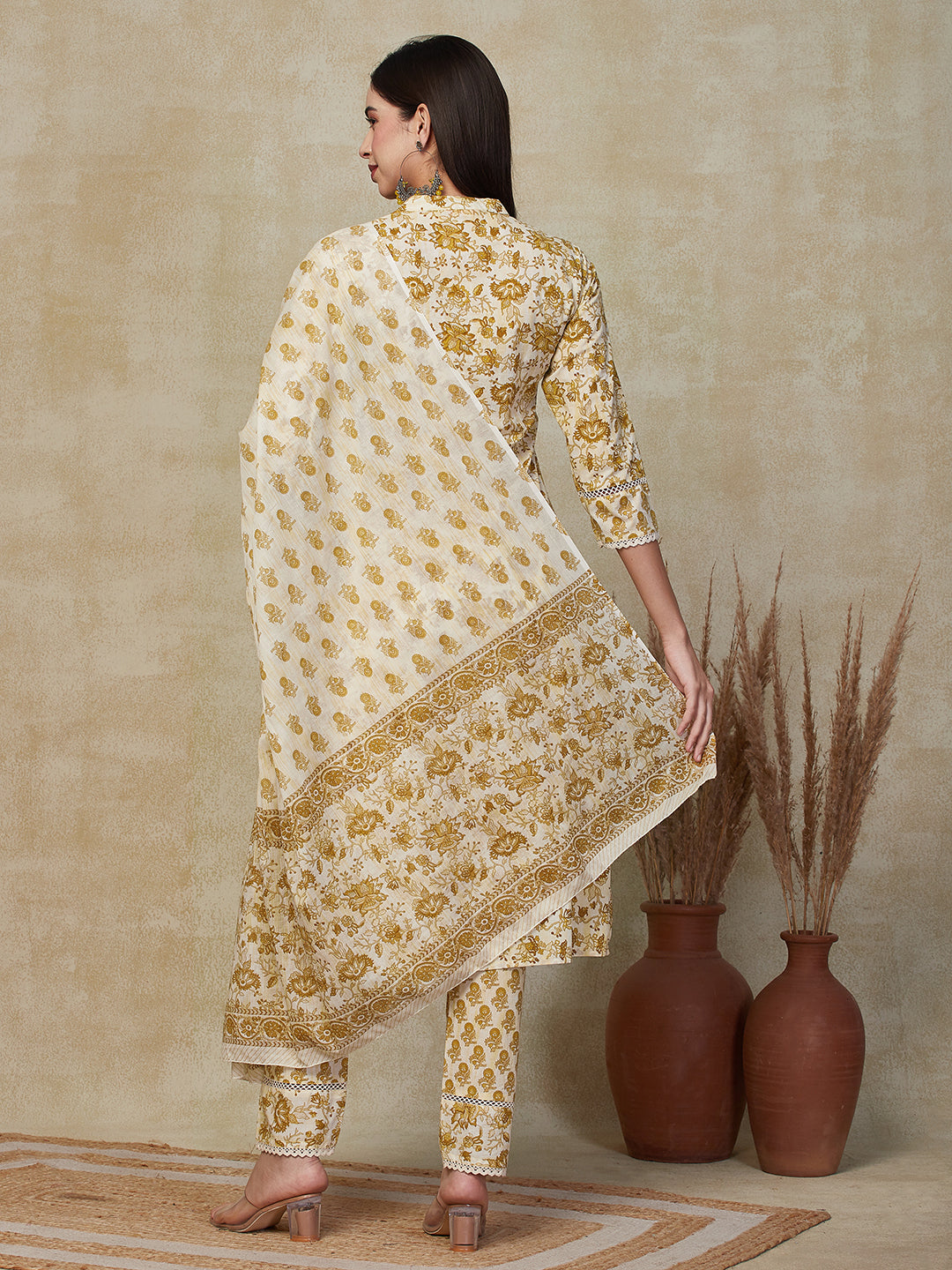 Floral Printed Mirror & Tikki Embroidered Kurta with pants & Dupatta - Mustard