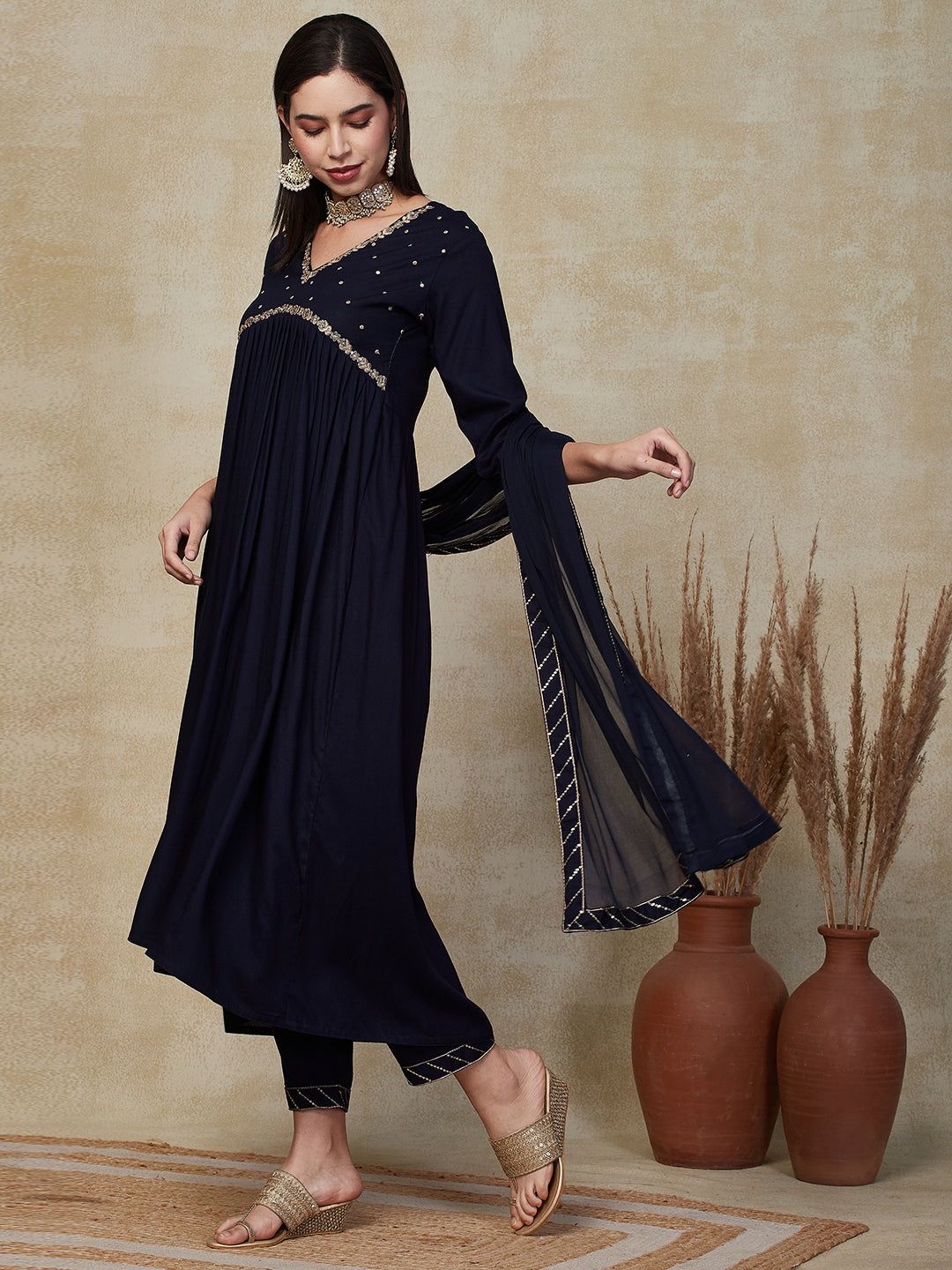 Solid Sequins & Resham Embroidered Pleated Kurta with Pants & Dupatta - Blue