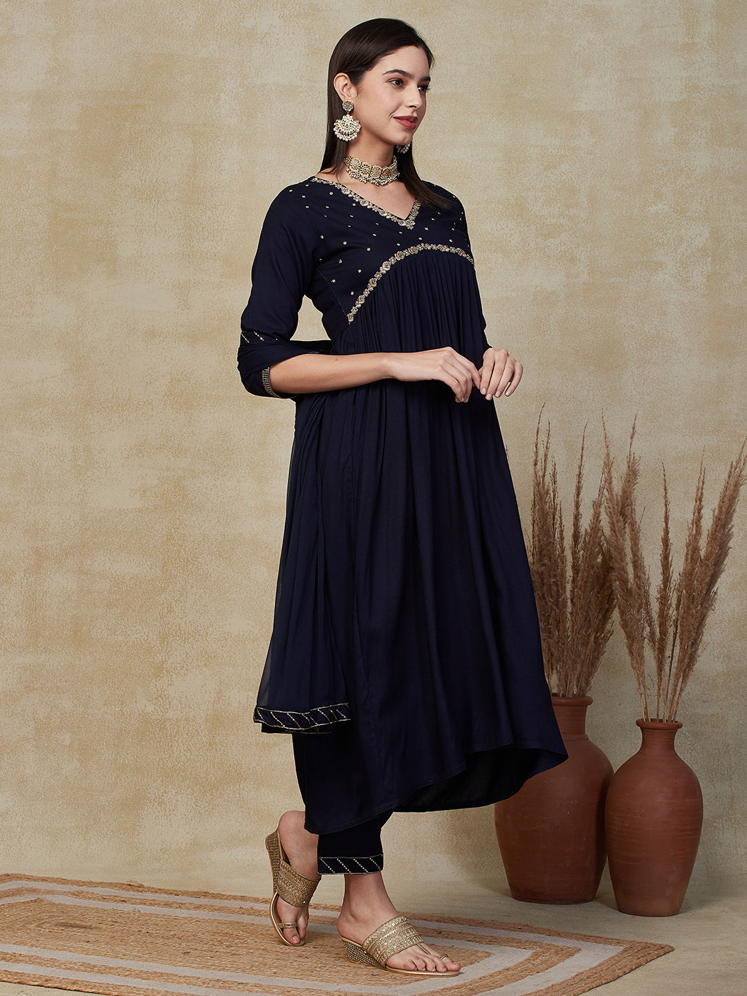 Solid Sequins & Resham Embroidered Pleated Kurta with Pants & Dupatta - Blue