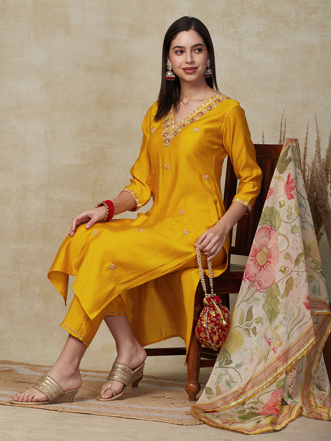 Solid Zari Dori & Mirror Embroidered Kurta with Pants & Dupatta - Yellow