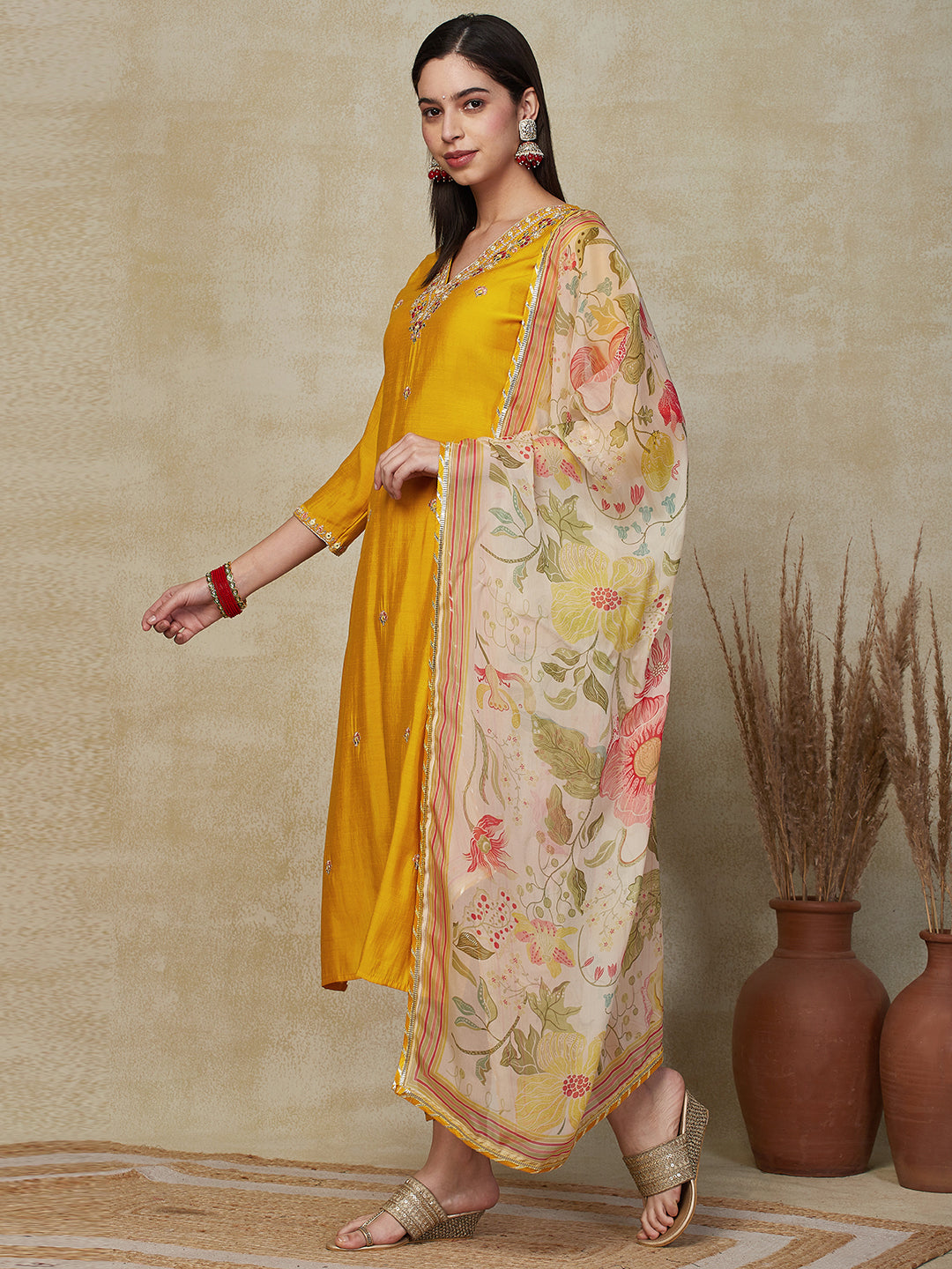 Solid Zari Dori & Mirror Embroidered Kurta with Pants & Dupatta - Yellow