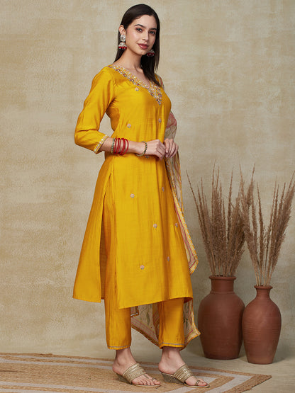 Solid Zari Dori & Mirror Embroidered Kurta with Pants & Dupatta - Yellow