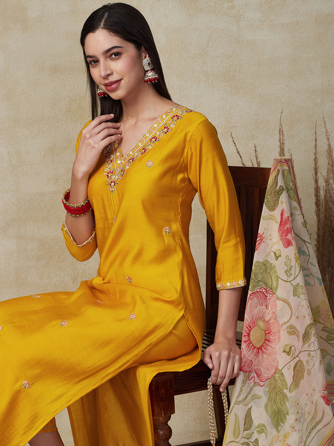 Solid Zari Dori & Mirror Embroidered Kurta with Pants & Dupatta - Yellow