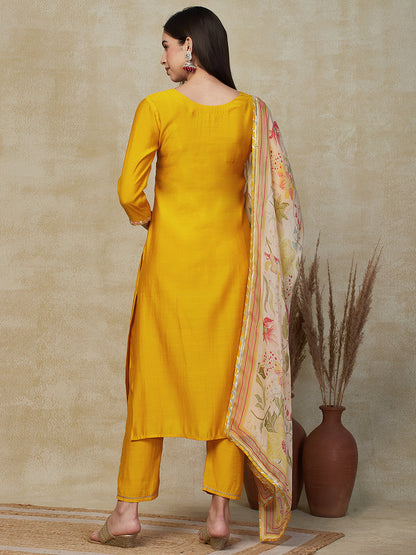 Solid Zari Dori & Mirror Embroidered Kurta with Pants & Dupatta - Yellow