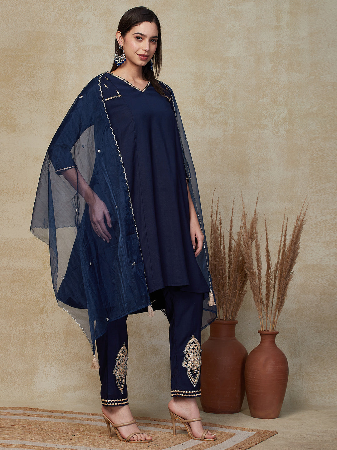 Solid Mirror Embroidered Paneled A-line Kurta with Pants & Dupatta - Blue