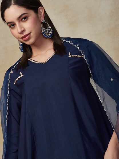 Solid Mirror Embroidered Paneled A-line Kurta with Pants & Dupatta - Blue