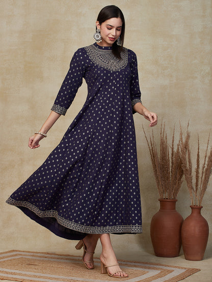 Ethnic Khari Printed Zari & Sequins Embroidered Anarkali Maxi Dress - Purple