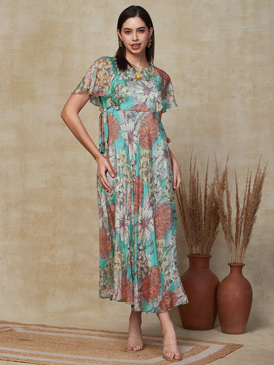 Abstract Floral Printed A-Line Fit & Flare Maxi Dress - Turquoise Blue