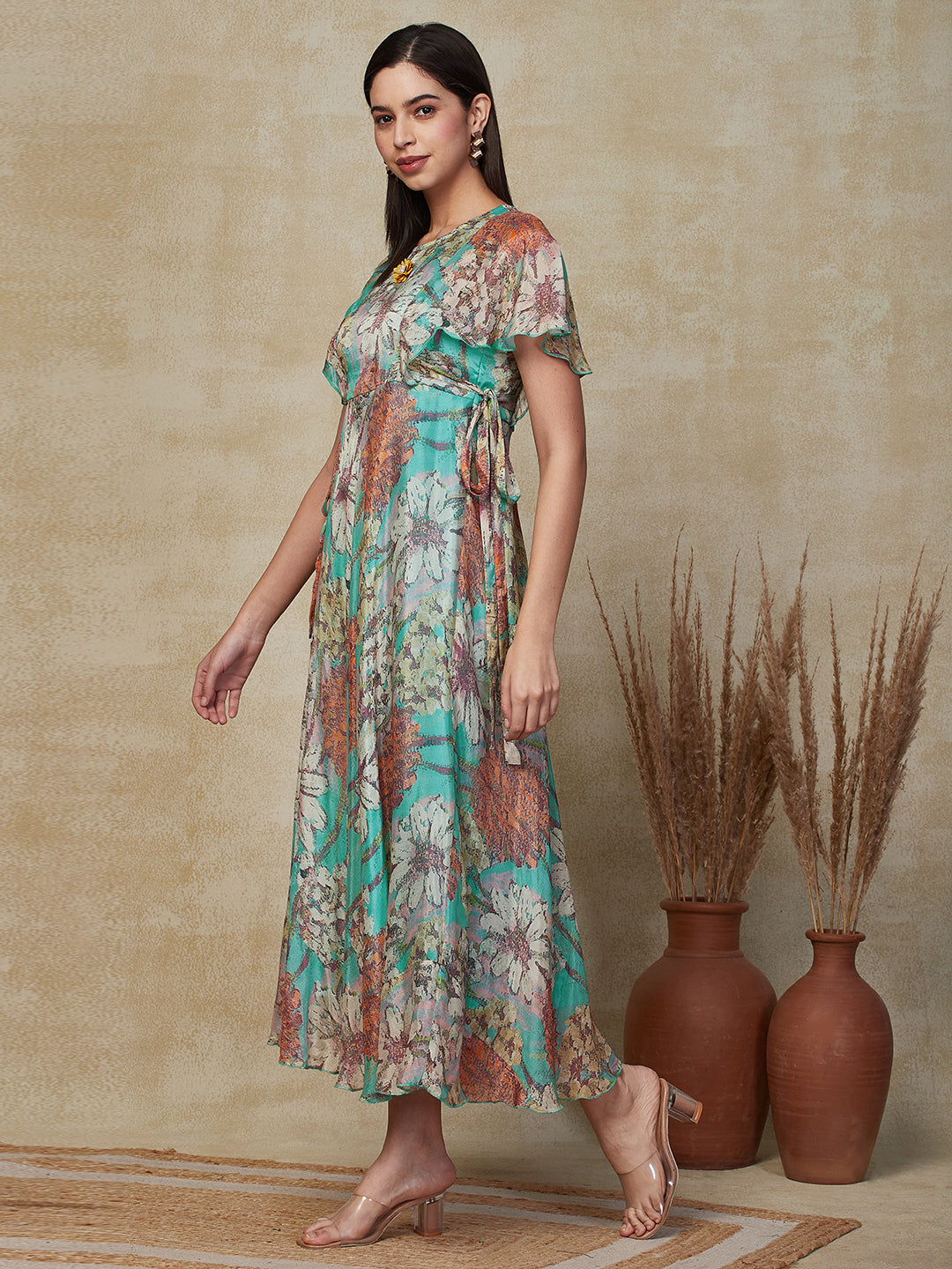 Abstract Floral Printed A-Line Fit & Flare Maxi Dress - Turquoise Blue