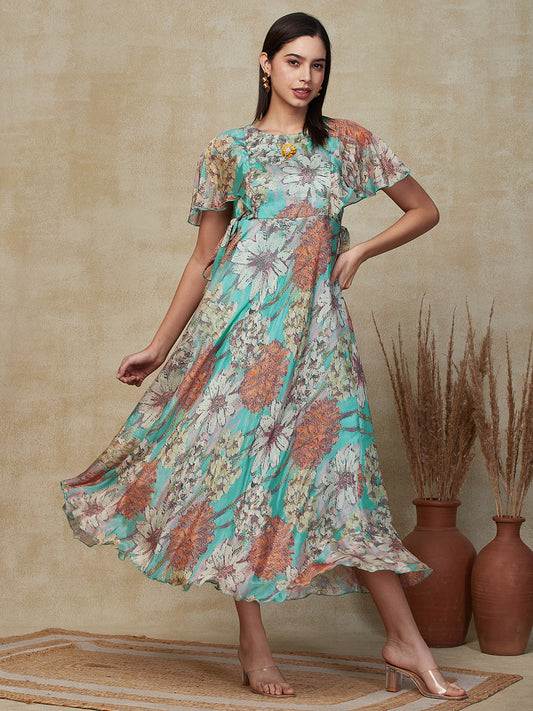 Abstract Floral Printed A-Line Fit & Flare Maxi Dress - Turquoise Blue