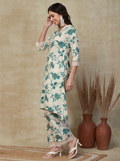 Floral Foil Printed A-Line Kurta with Pant - Off White