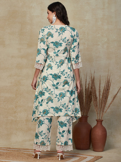 Floral Foil Printed A-Line Kurta with Pant - Off White