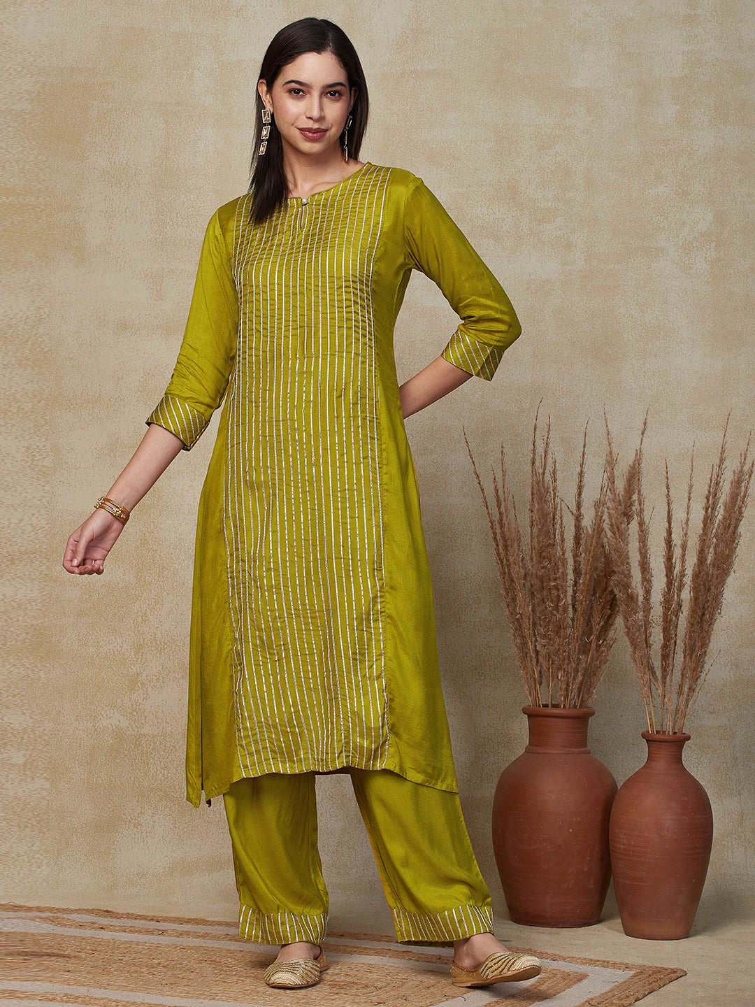 Solid Gota Lace Embellished Kurta with Pants - Green