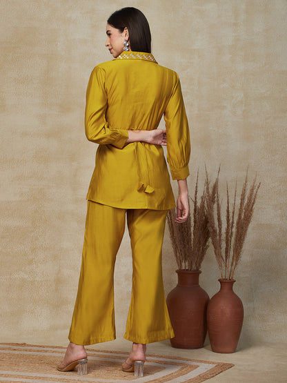 Solid Mirror Embroidered Short Kurti with Waist Belt & Palazzo - Turmeric Yellow
