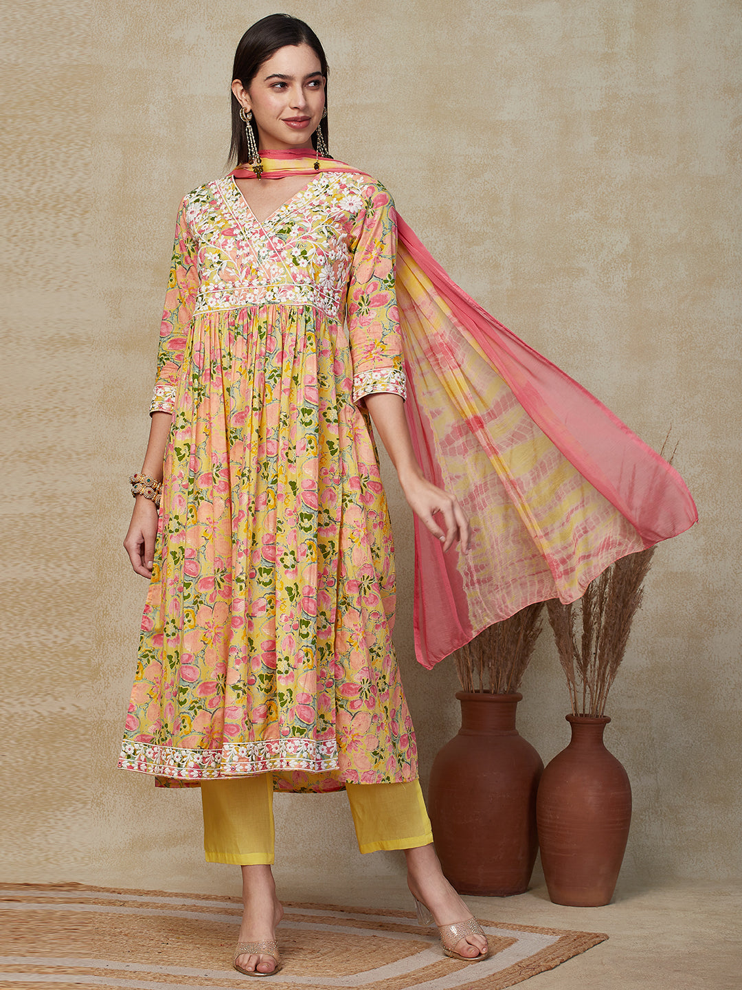 Floral Printed Resham & Mirror Embroidered Kurta with Pants & Shibori Dupatta - Multi