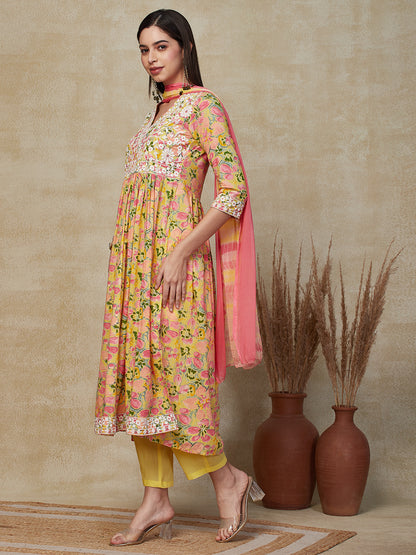 Floral Printed Resham & Mirror Embroidered Kurta with Pants & Shibori Dupatta - Multi