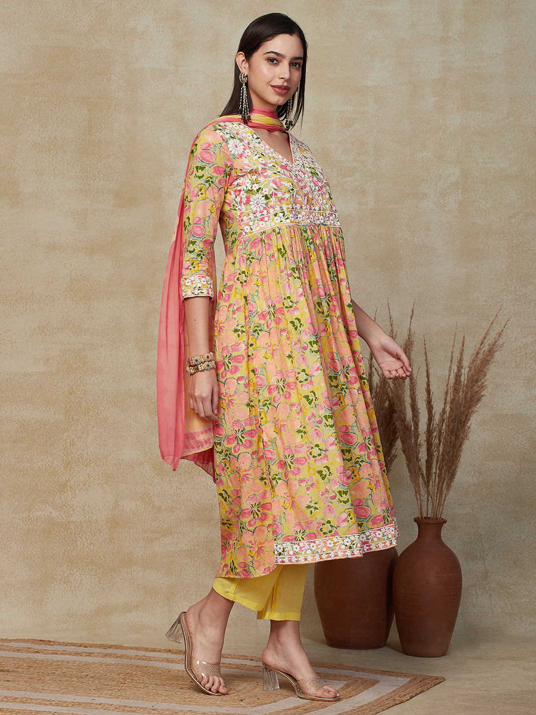 Floral Printed Resham & Mirror Embroidered Kurta with Pants & Shibori Dupatta - Multi