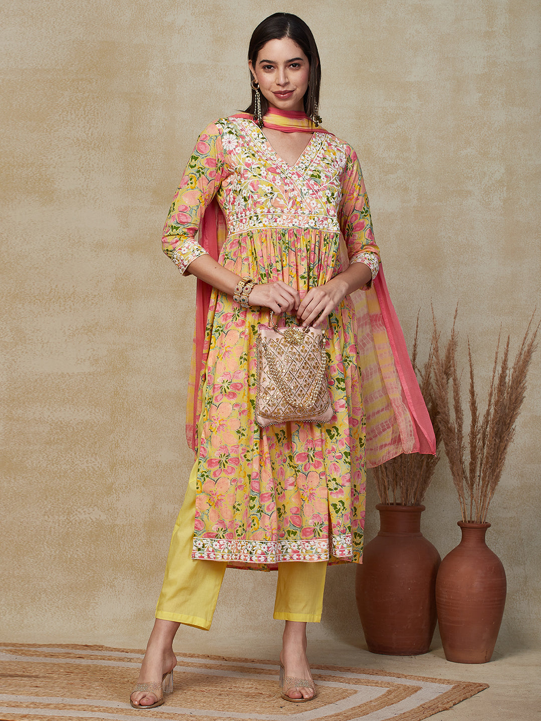 Floral Printed Resham & Mirror Embroidered Kurta with Pants & Shibori Dupatta - Multi