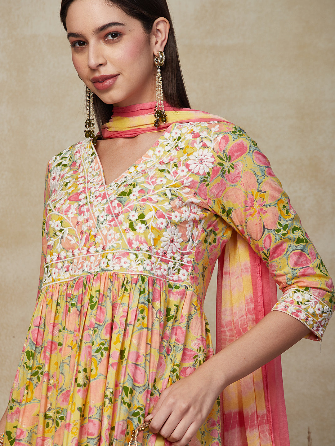 Floral Printed Resham & Mirror Embroidered Kurta with Pants & Shibori Dupatta - Multi