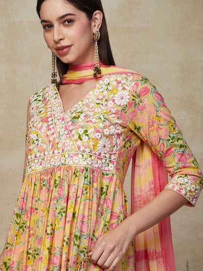 Floral Printed Resham & Mirror Embroidered Kurta with Pants & Shibori Dupatta - Multi