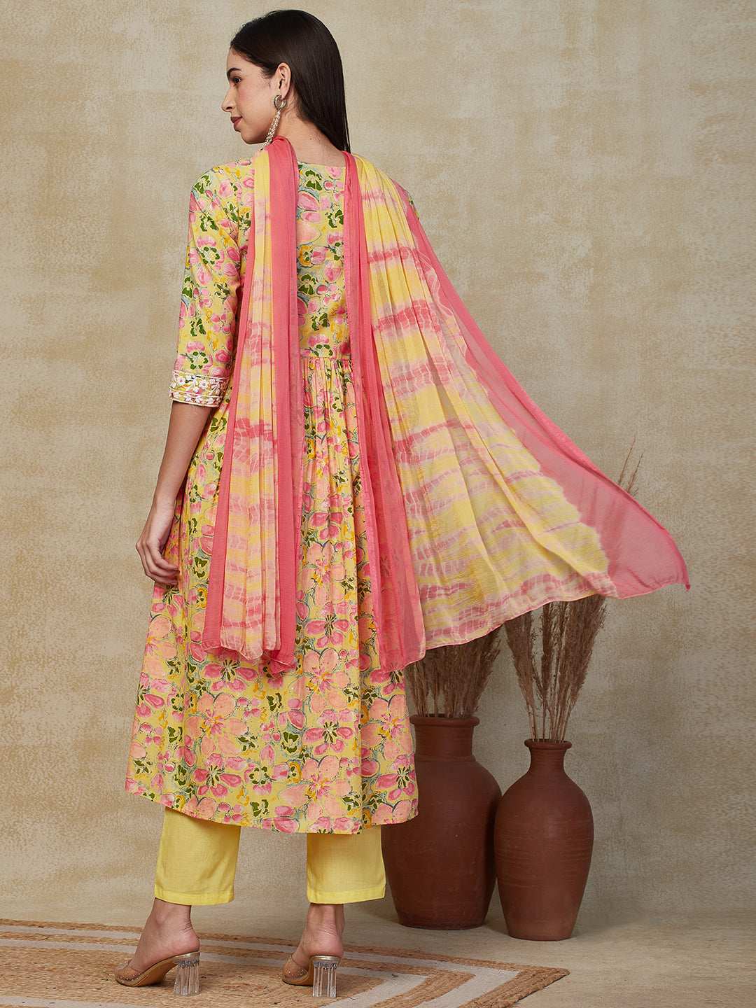 Floral Printed Resham & Mirror Embroidered Kurta with Pants & Shibori Dupatta - Multi