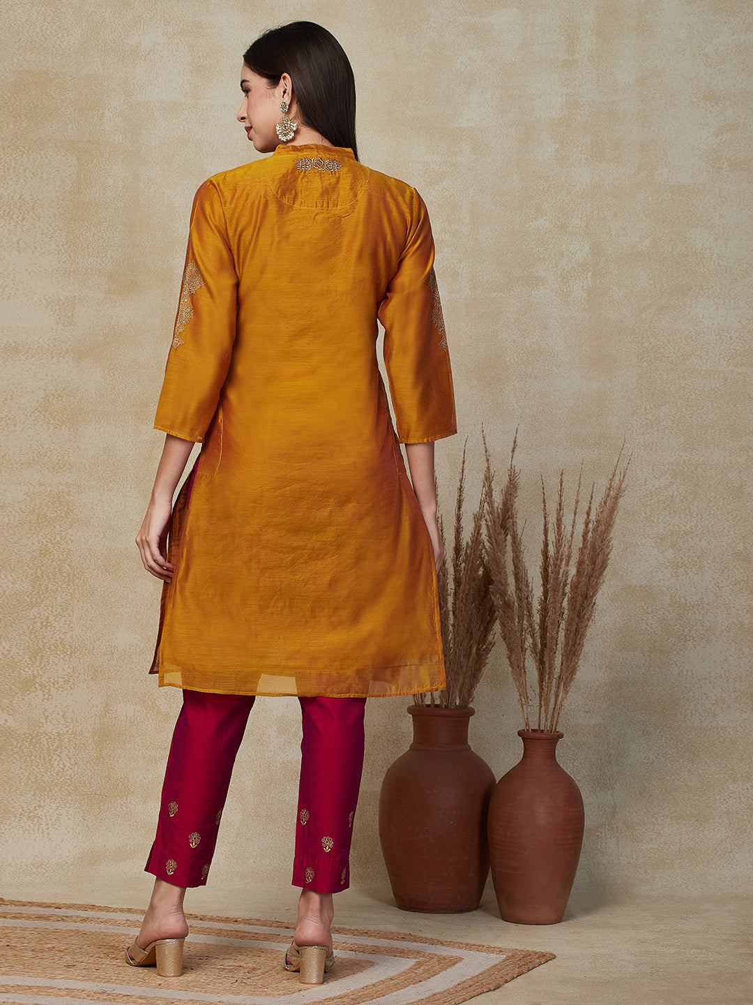Solid Ethnic Embroidered Straight Fit Kurta - Mustard
