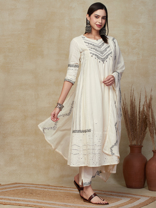 Ethnic Floral Embroidered A-Line Pleated Kurta with Pant & Dupatta - Cream