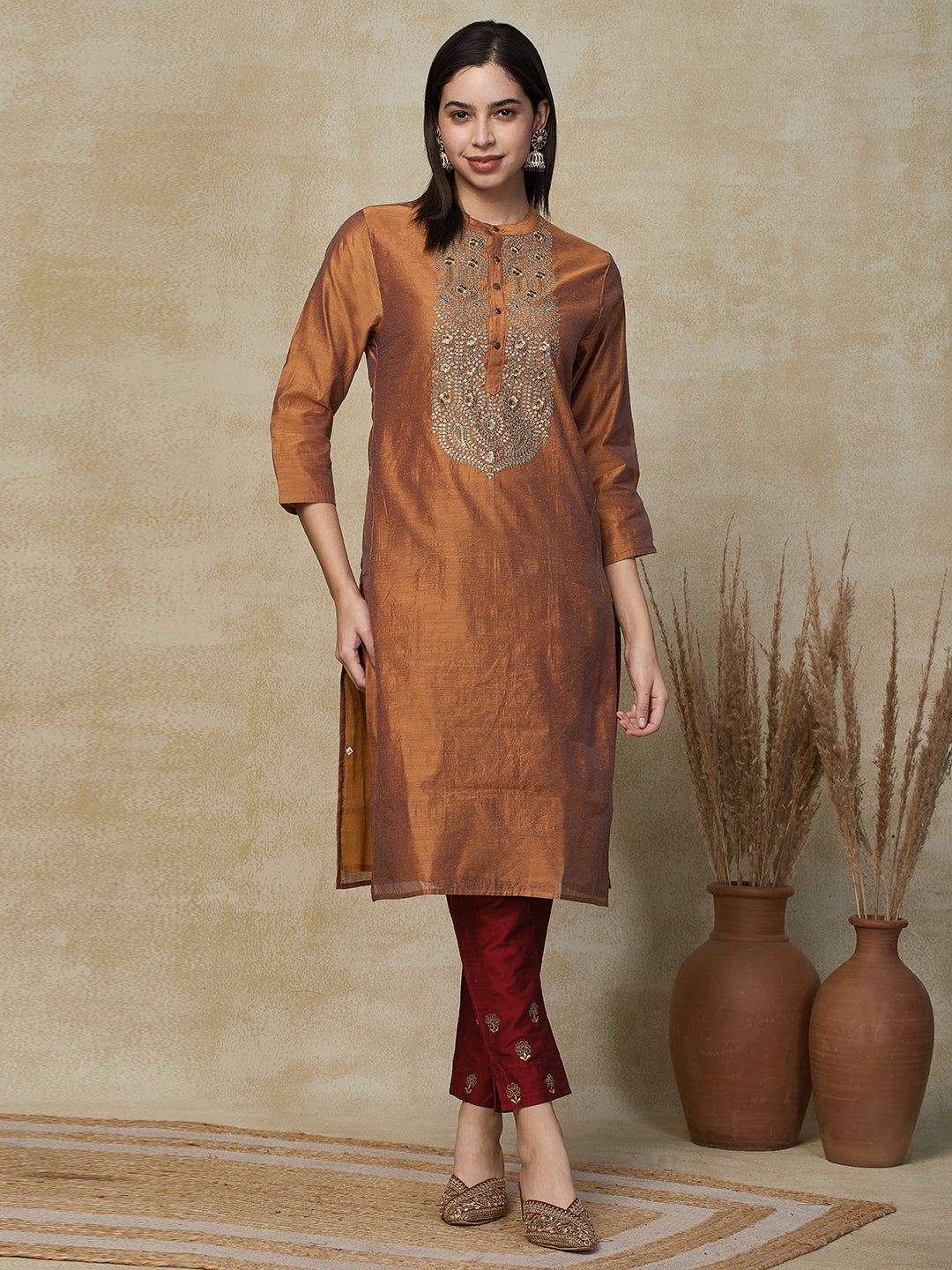 Solid Ethnic Embroidered Straight Fit Kurta - Mustard