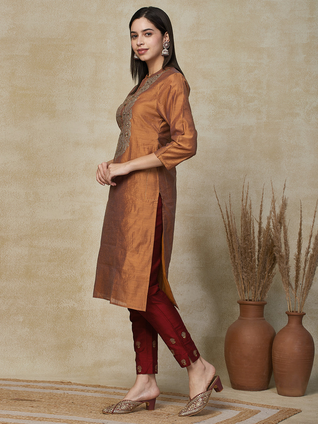 Solid Ethnic Embroidered Straight Fit Kurta - Mustard