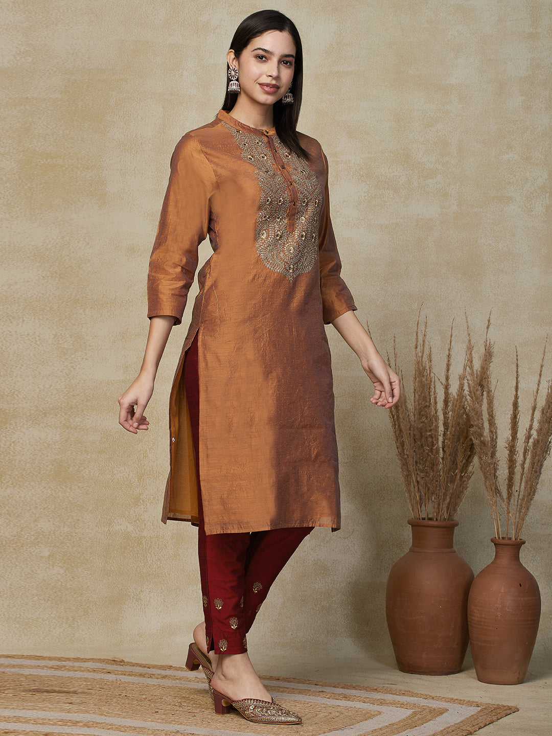 Solid Ethnic Embroidered Straight Fit Kurta - Mustard