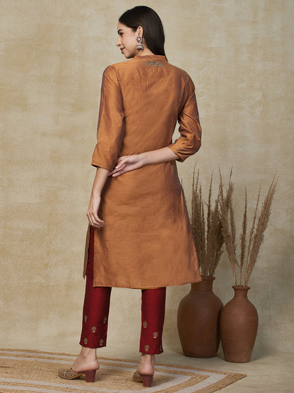 Solid Ethnic Embroidered Straight Fit Kurta - Mustard