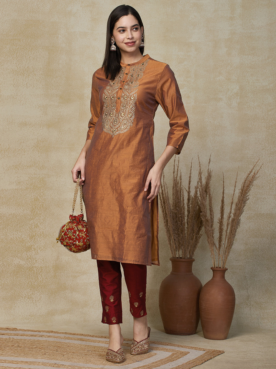 Solid Ethnic Embroidered Straight Fit Kurta - Mustard