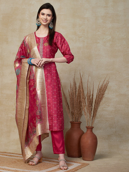 Ethnic Printed & Embroidered Straight Fit Kurta with Pant & Dupatta - Fuchsia