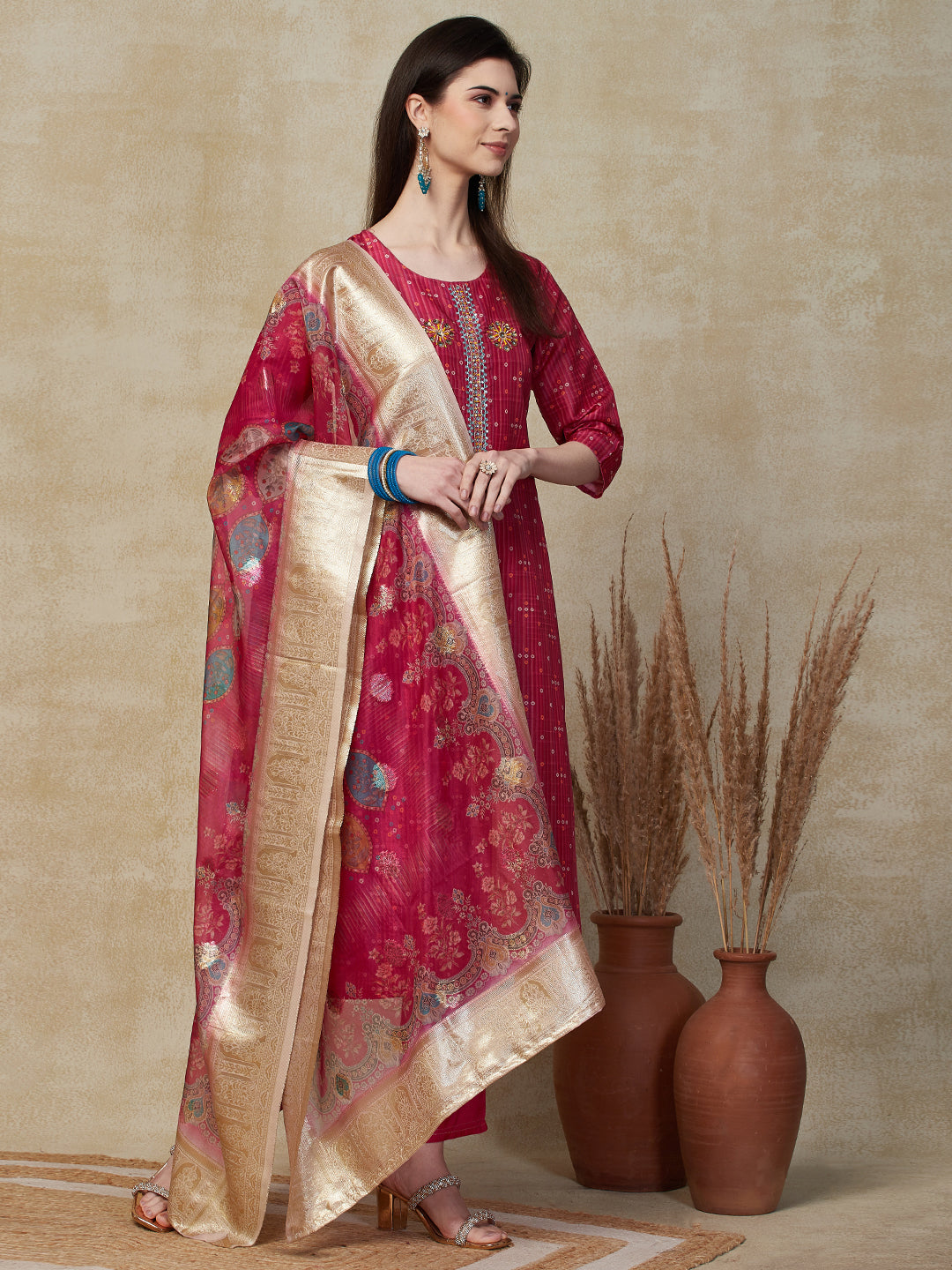 Ethnic Printed & Embroidered Straight Fit Kurta with Pant & Dupatta - Fuchsia