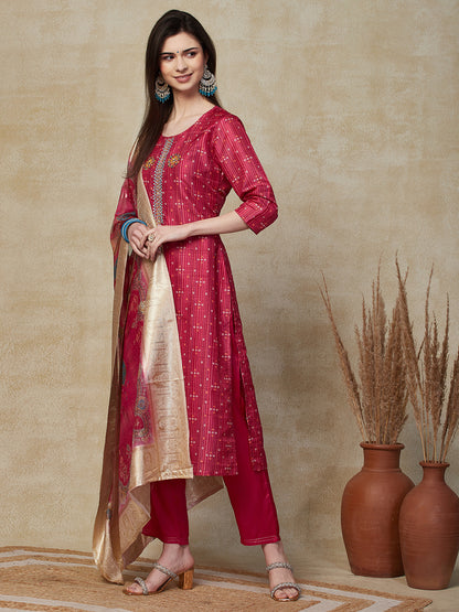 Ethnic Printed & Embroidered Straight Fit Kurta with Pant & Dupatta - Fuchsia