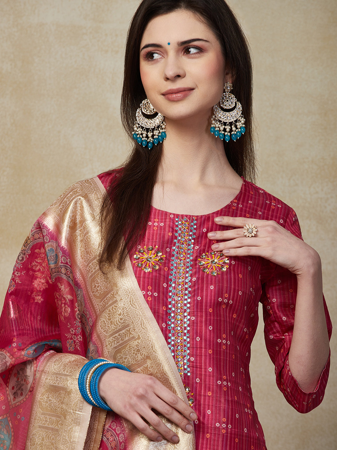 Ethnic Printed & Embroidered Straight Fit Kurta with Pant & Dupatta - Fuchsia